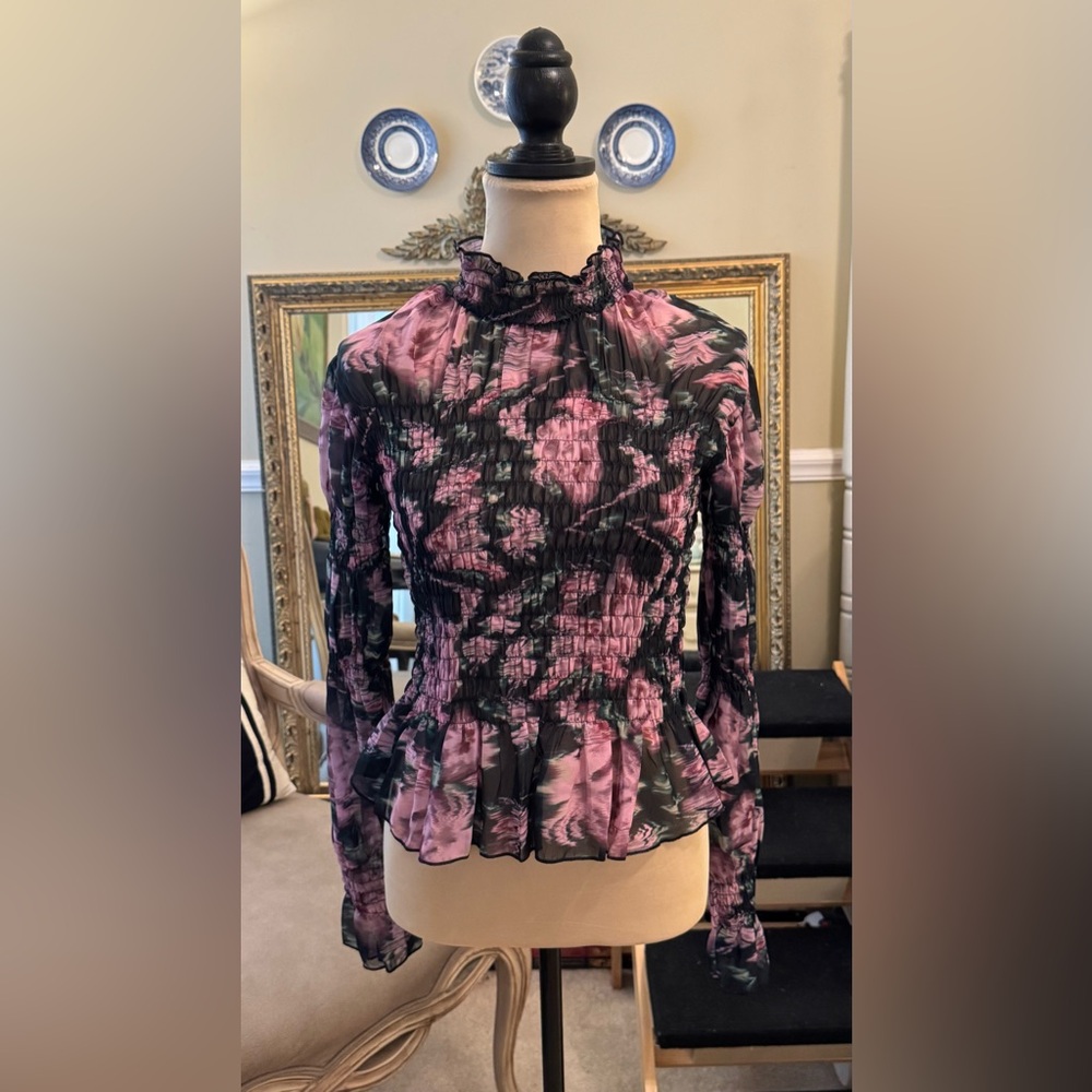 Steve Madden Pink and Black Floral Long Sleeve Smocked Blouse, NWTS, Large